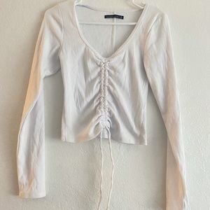 Abercrombie & Fitch White Ribbed Long Sleeve Top w/ Drawstring Tie